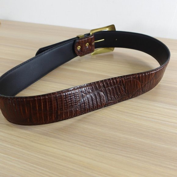 Vintage Belt Womens Crocodile Leather Faux XS Waist Dress Chunky Brass Buckle - Picture 7 of 14